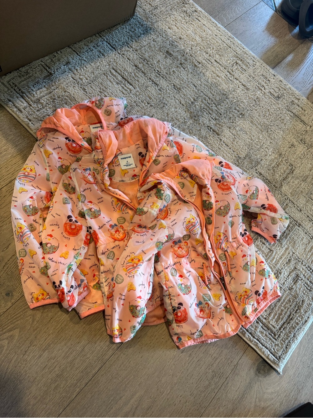 Mayoral Pink Hooded Kids Jacket with Multicolor Character Print